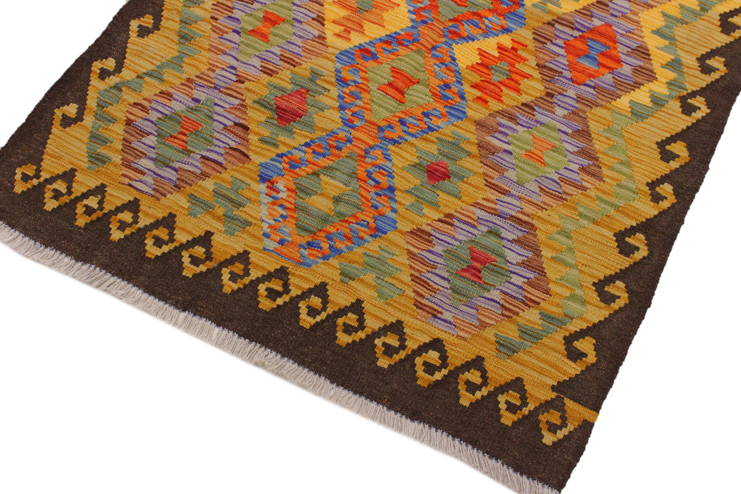 handmade Geometric Kilim Brown Gold Hand-Woven RECTANGLE 100% WOOL area rug 3 x 5