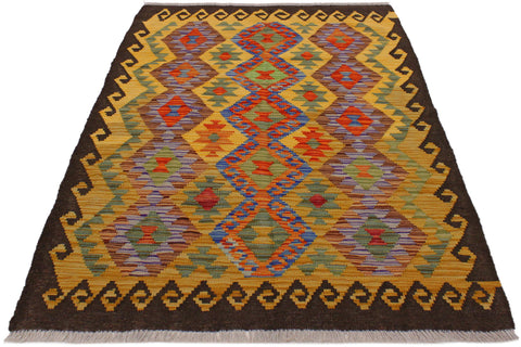 handmade Geometric Kilim Brown Gold Hand-Woven RECTANGLE 100% WOOL area rug 3 x 5