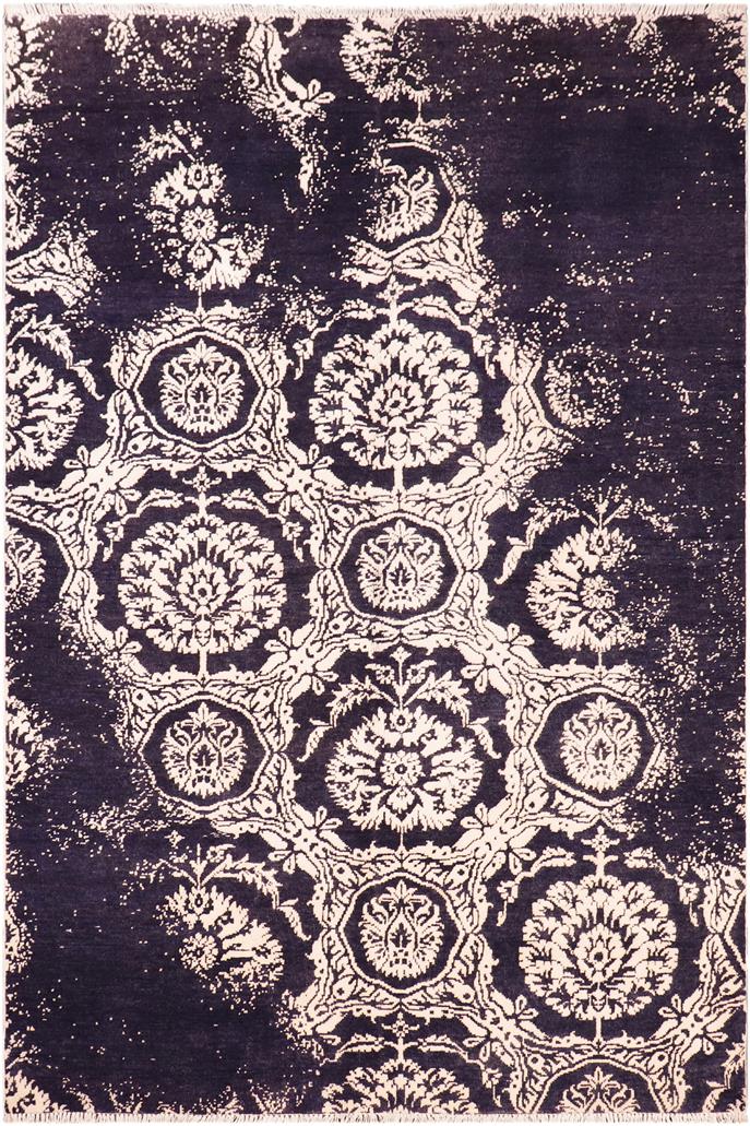 handmade Modern Kafkaz Blue Ivory Hand Knotted RECTANGLE WOOL&SILK area rug 5X8