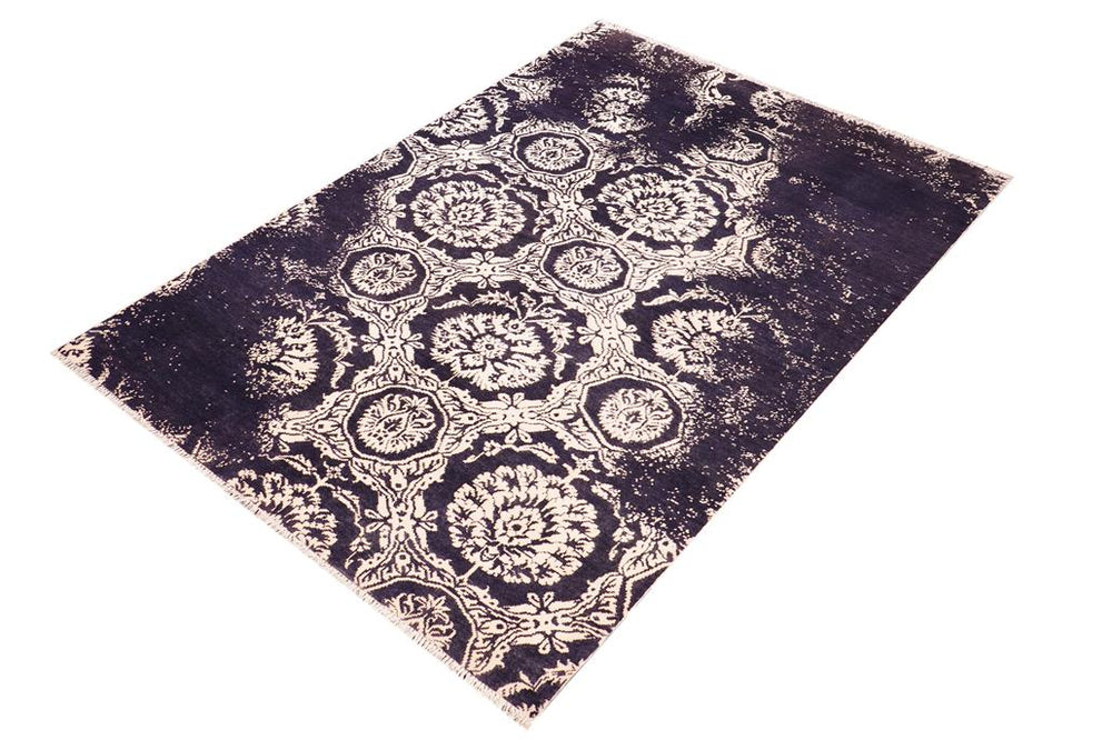 handmade Modern Kafkaz Blue Ivory Hand Knotted RECTANGLE WOOL&SILK area rug 5X8