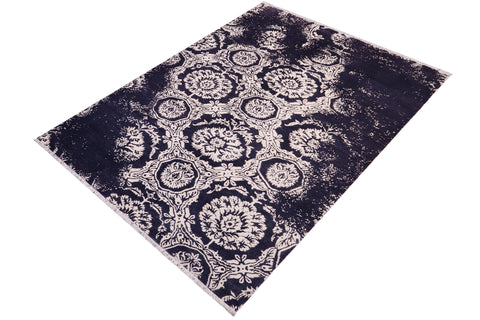 handmade Modern Kafkaz Blue Ivory Hand Knotted RECTANGLE WOOL&SILK area rug 5' x 8'