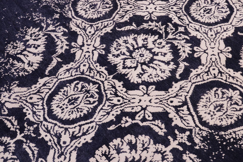 handmade Modern Kafkaz Blue Ivory Hand Knotted RECTANGLE WOOL&SILK area rug 5' x 8'
