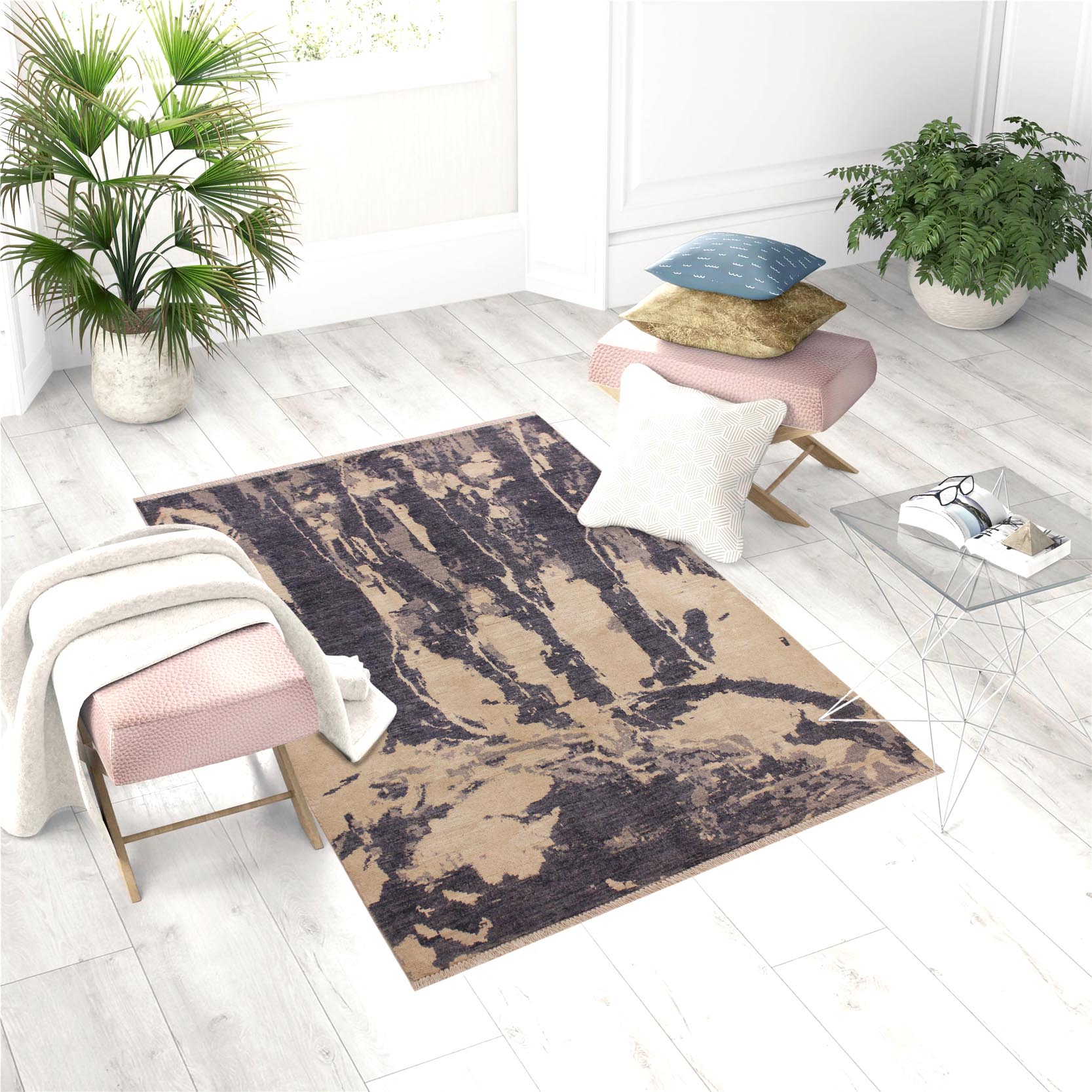 handmade Modern Kafkaz Gray Ivory Hand Knotted RECTANGLE 100% WOOL area rug 4' x 6'