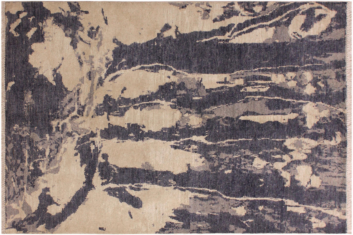 handmade Modern Kafkaz Gray Ivory Hand Knotted RECTANGLE 100% WOOL area rug 4' x 6'