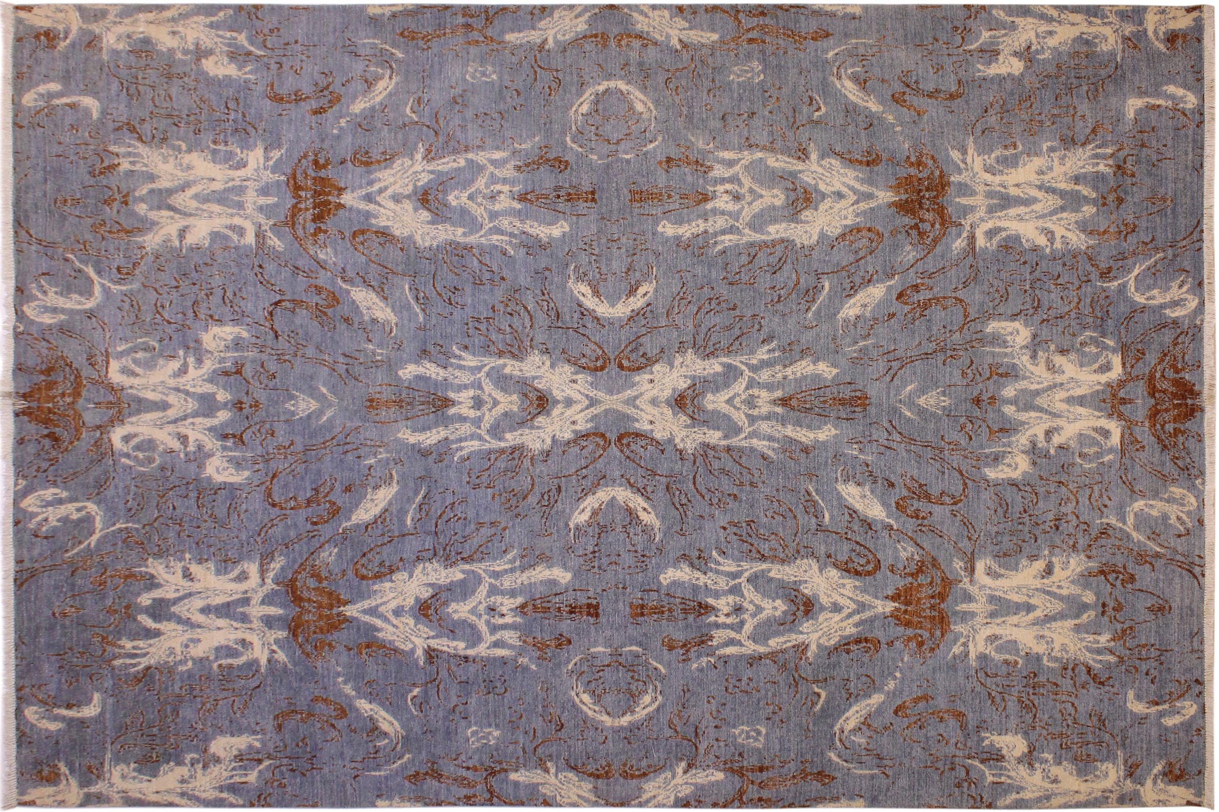 handmade Modern Kafkaz Blue Ivory Hand Knotted RECTANGLE 100% WOOL area rug 9' x 12'