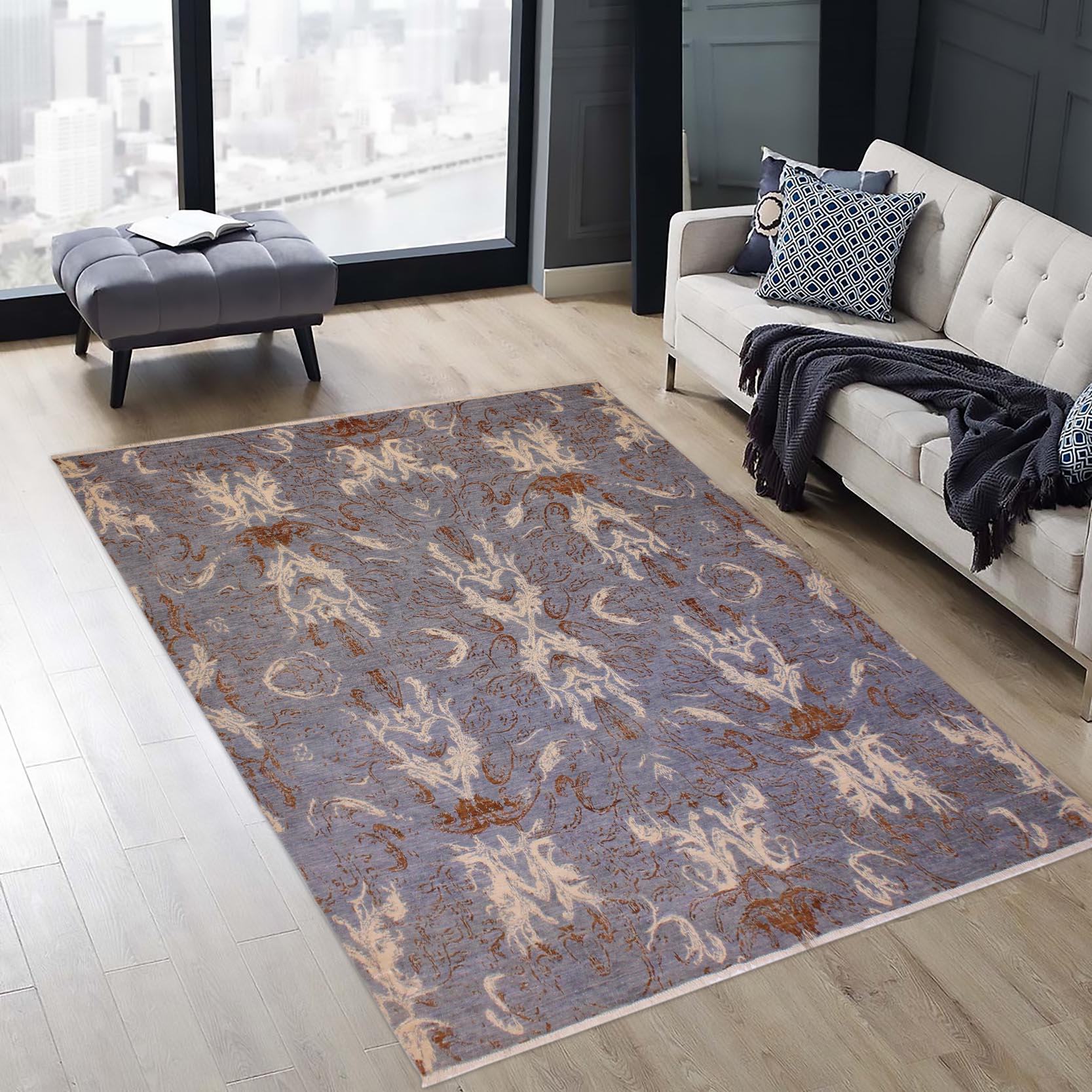 handmade Modern Kafkaz Blue Ivory Hand Knotted RECTANGLE 100% WOOL area rug 9' x 12'