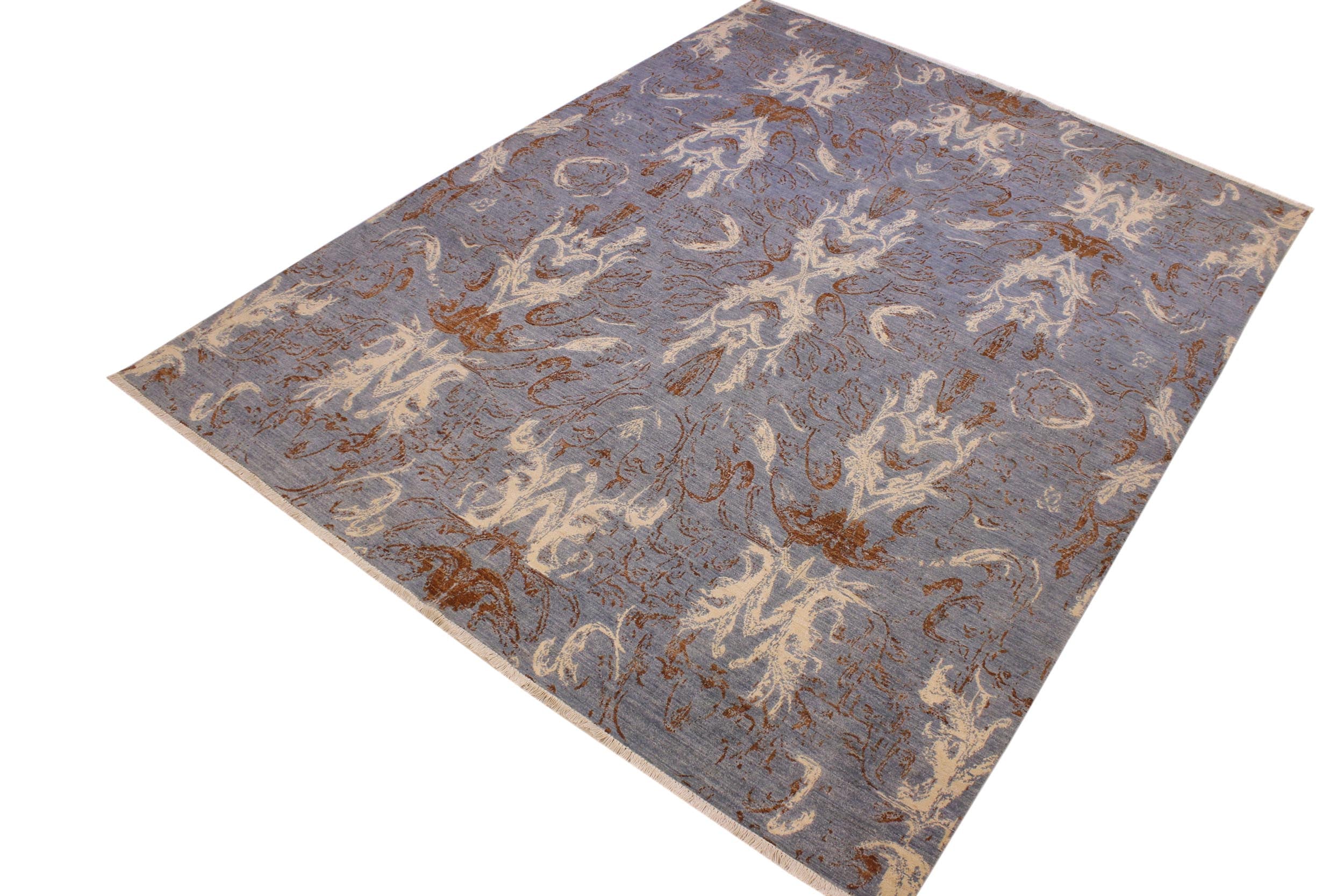 handmade Modern Kafkaz Blue Ivory Hand Knotted RECTANGLE 100% WOOL area rug 9' x 12'