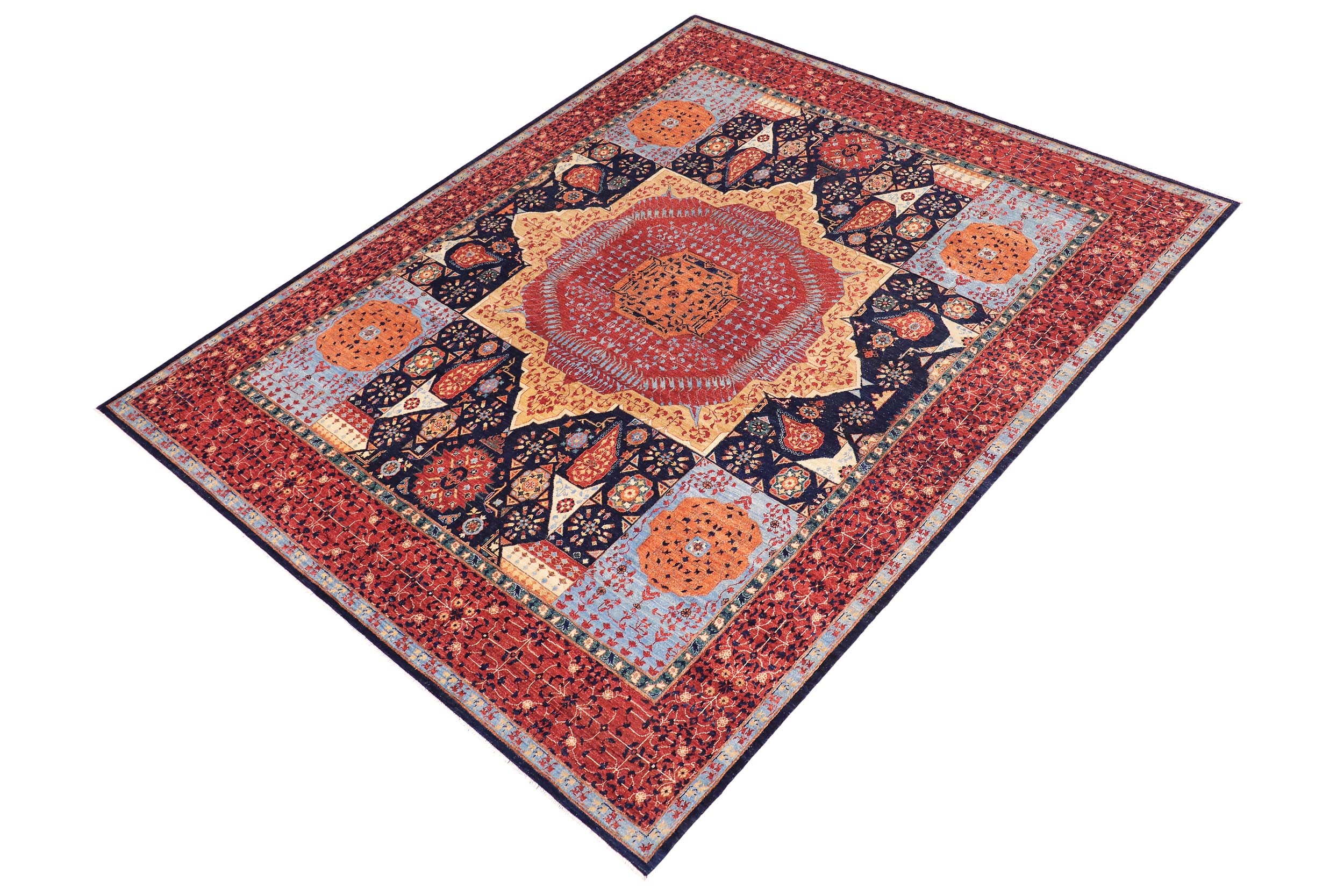 handmade Geometric Mamluk Blue Rust Hand Knotted RECTANGLE 100% WOOL area rug 9 x 12