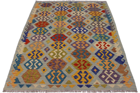handmade Geometric Kilim Gray Blue Hand-Woven RECTANGLE 100% WOOL area rug 5 x 7
