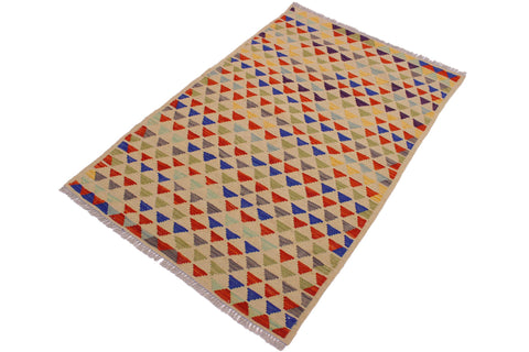 handmade Modern Kilim Beige Blue Hand-Woven RECTANGLE 100% WOOL area rug 3x5