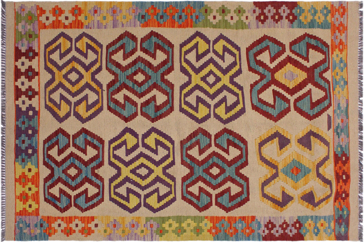 handmade Geometric Kilim Beige Red Hand-Woven RECTANGLE 100% WOOL area rug 3 x 5