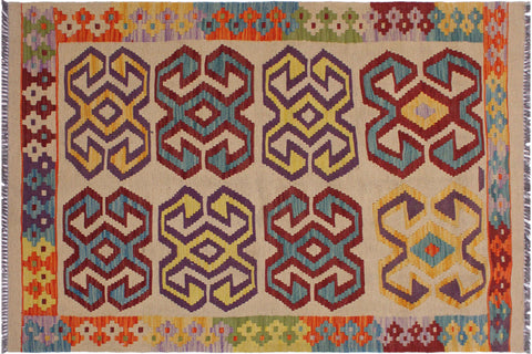 handmade Geometric Kilim Beige Red Hand-Woven RECTANGLE 100% WOOL area rug 3 x 5
