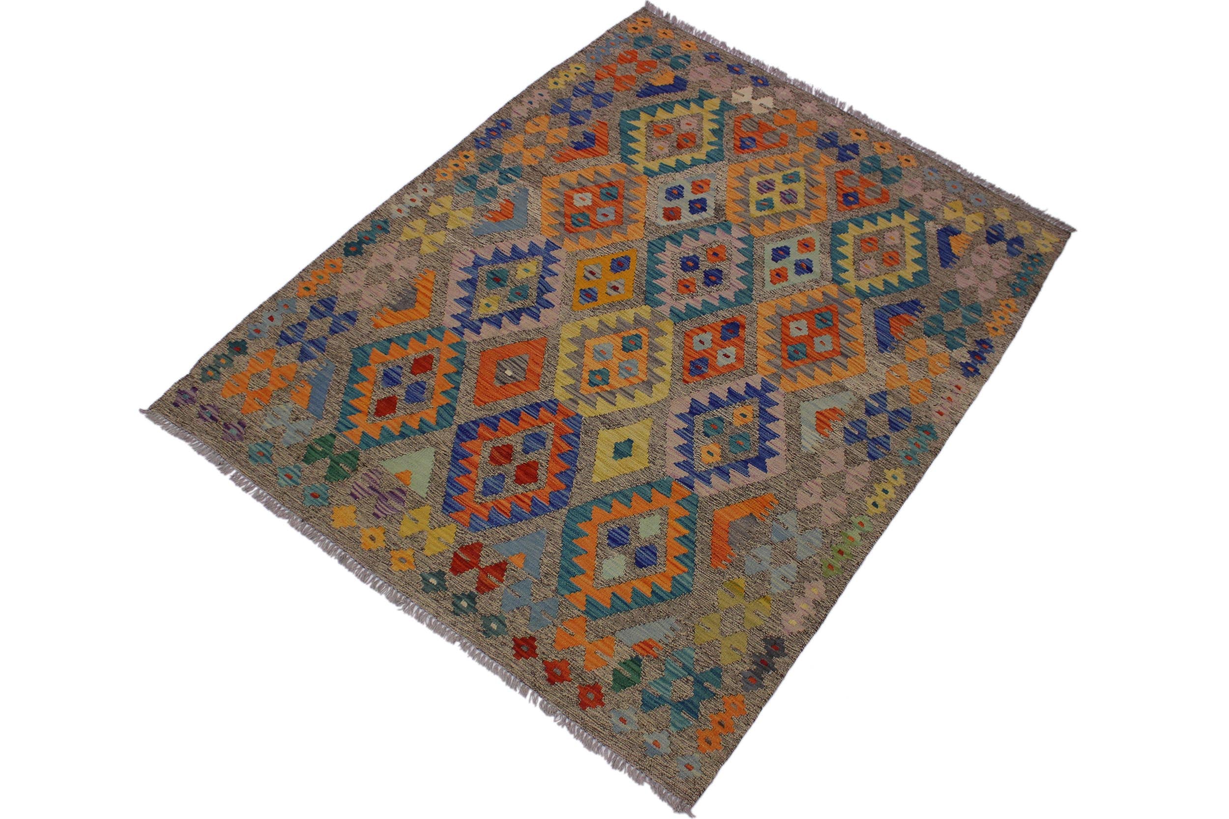 handmade Geometric Kilim Brown Blue Hand-Woven RECTANGLE 100% WOOL area rug 5 x 7