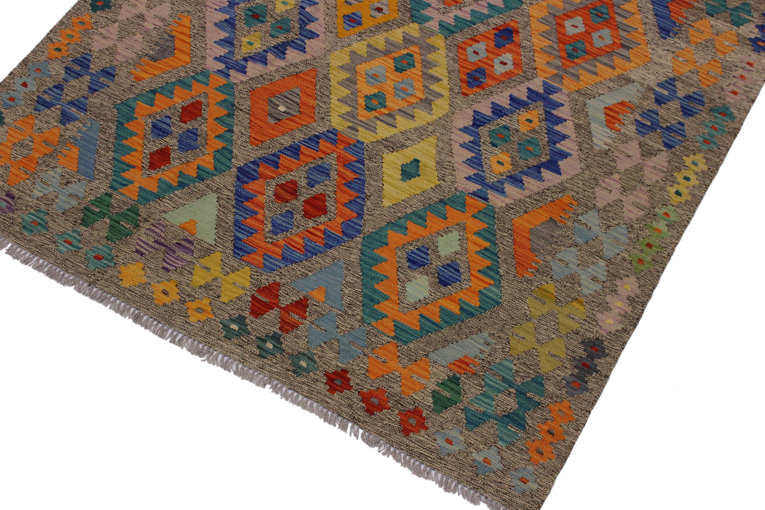 handmade Geometric Kilim Brown Blue Hand-Woven RECTANGLE 100% WOOL area rug 5 x 7