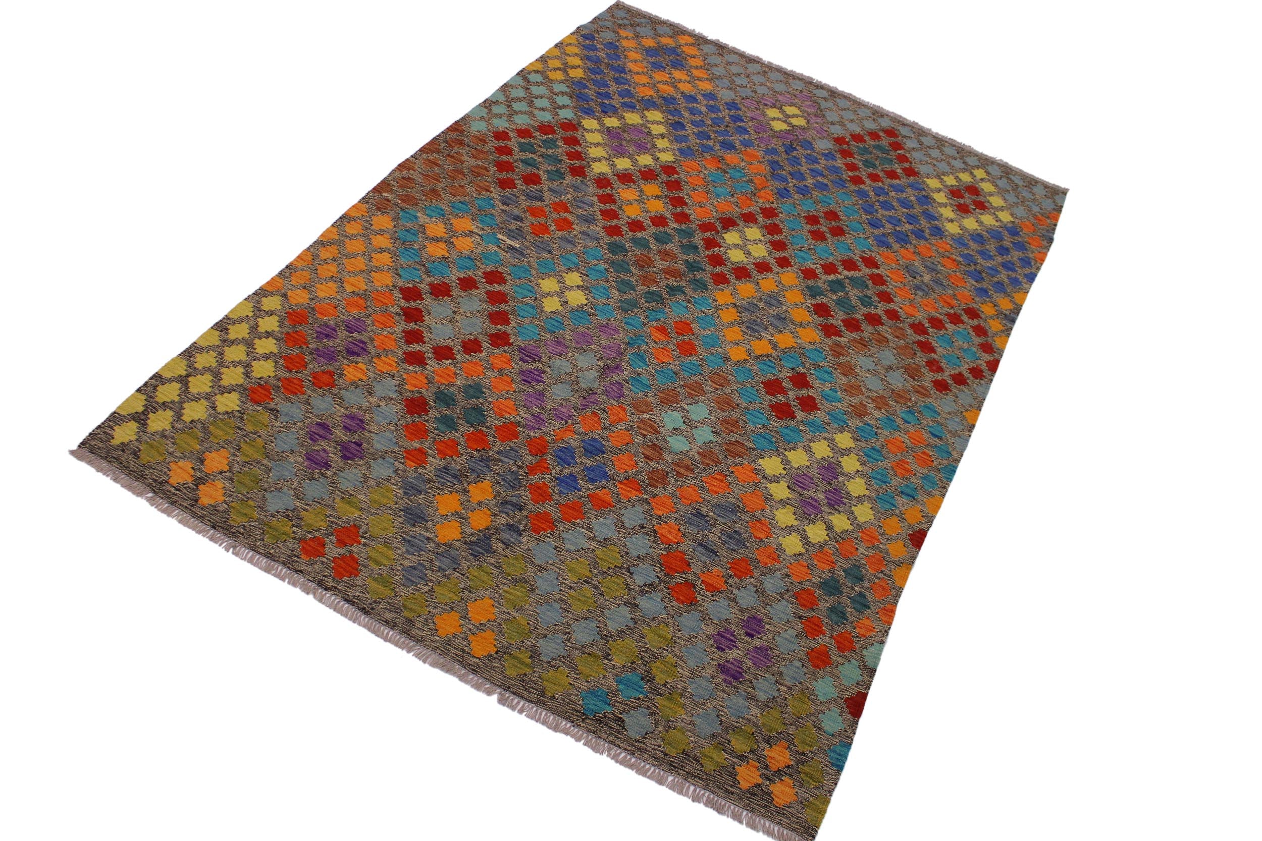 handmade Geometric Kilim Brown Gray Hand-Woven RECTANGLE 100% WOOL area rug 7 x 10