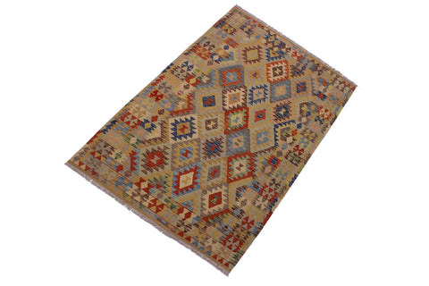 handmade Geometric Kilim Tan Brown Hand-Woven RECTANGLE 100% WOOL area rug 5 x 7