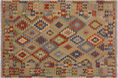 handmade Geometric Kilim Tan Brown Hand-Woven RECTANGLE 100% WOOL area rug 5 x 7