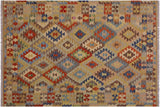 Flat Weave Kilim, Antique, Navaho, Vintage, Handmade, Geometric Kilim Tan Brown Hand-Woven Rectangle 100% Wool Area Rug 5 x 7