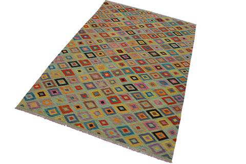 handmade Geometric Kilim Green Beige Hand-Woven RECTANGLE 100% WOOL area rug 7 x 10