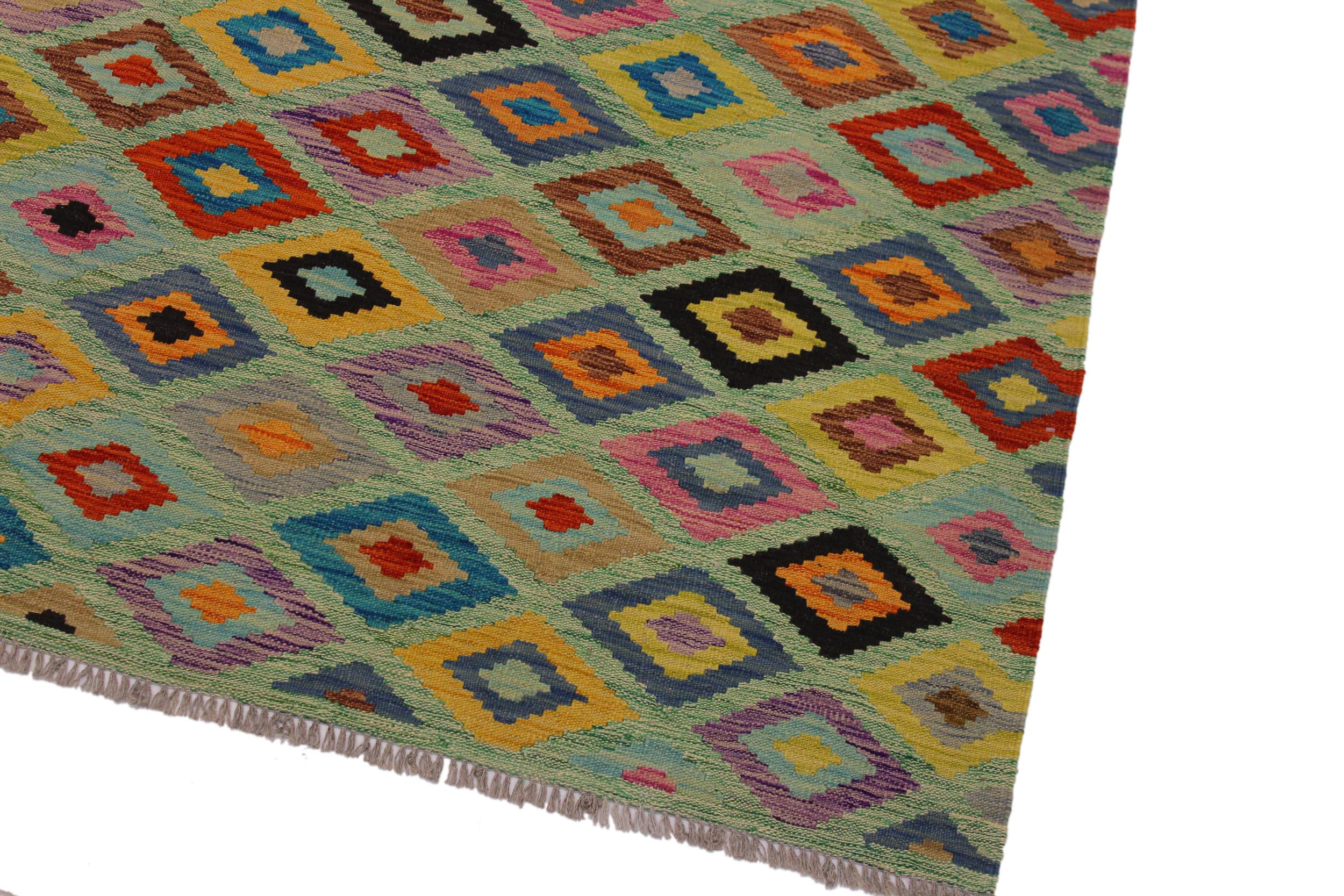 handmade Geometric Kilim Green Beige Hand-Woven RECTANGLE 100% WOOL area rug 7 x 10