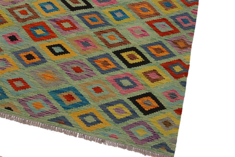 handmade Geometric Kilim Green Beige Hand-Woven RECTANGLE 100% WOOL area rug 7 x 10