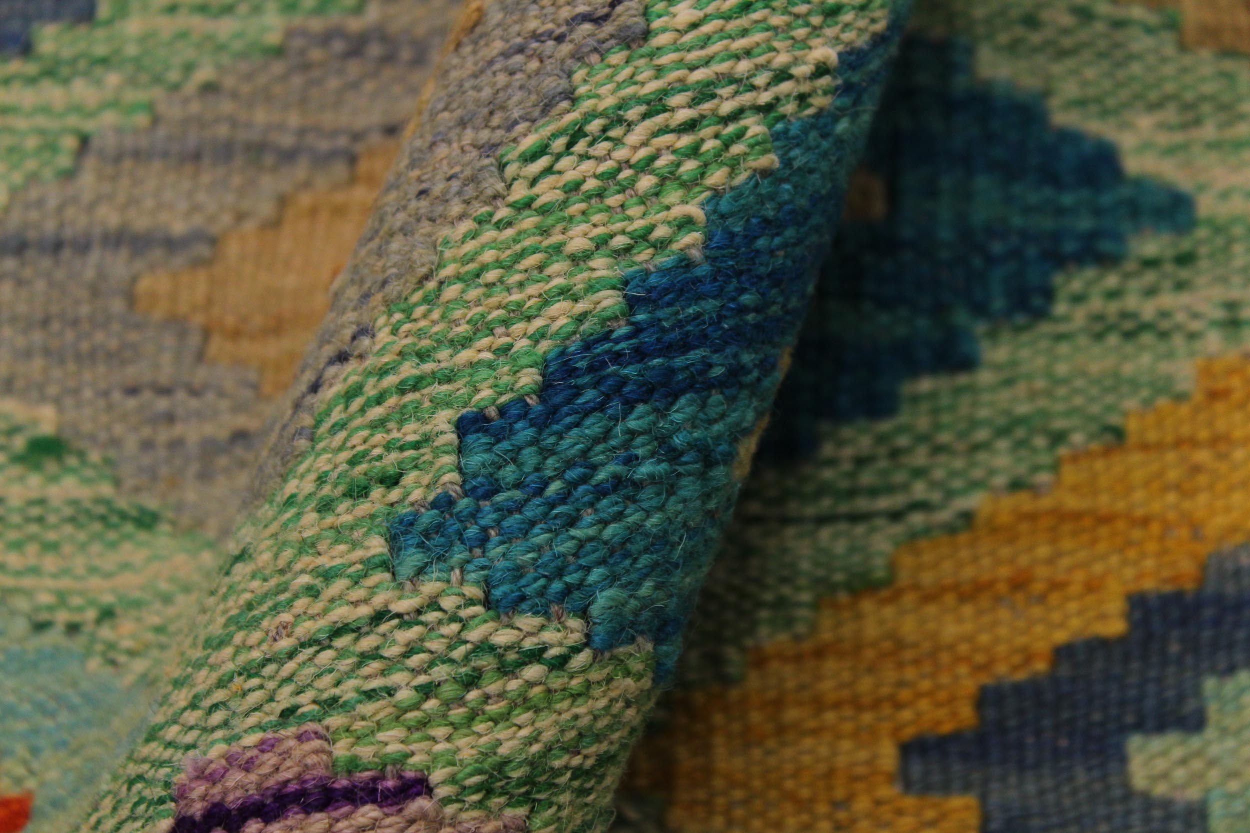 handmade Geometric Kilim Green Beige Hand-Woven RECTANGLE 100% WOOL area rug 7 x 10