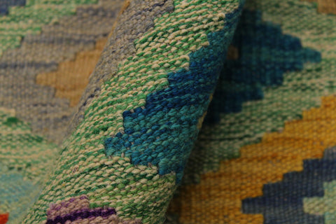 handmade Geometric Kilim Green Beige Hand-Woven RECTANGLE 100% WOOL area rug 7 x 10