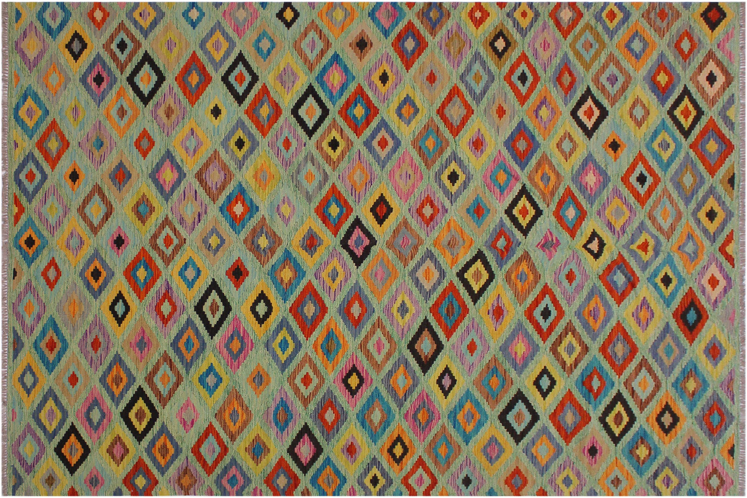 handmade Geometric Kilim Green Beige Hand-Woven RECTANGLE 100% WOOL area rug 7 x 10