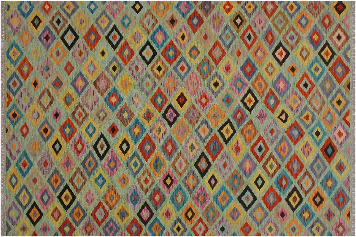handmade Geometric Kilim Green Beige Hand-Woven RECTANGLE 100% WOOL area rug 7 x 10