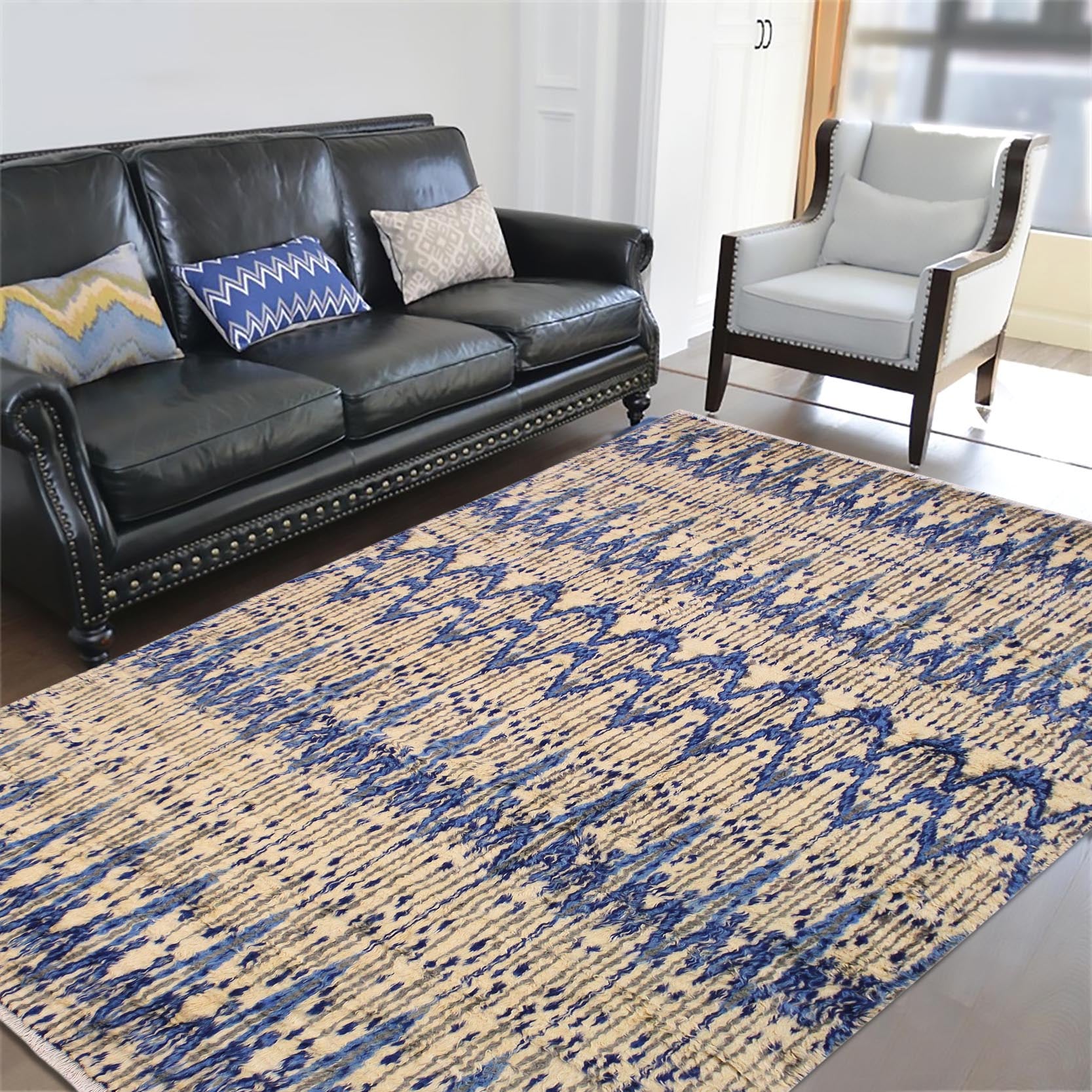 handmade Geometric Moroccan Ivory Blue Hand Knotted RECTANGLE 100% WOOL area rug 9' x 12'