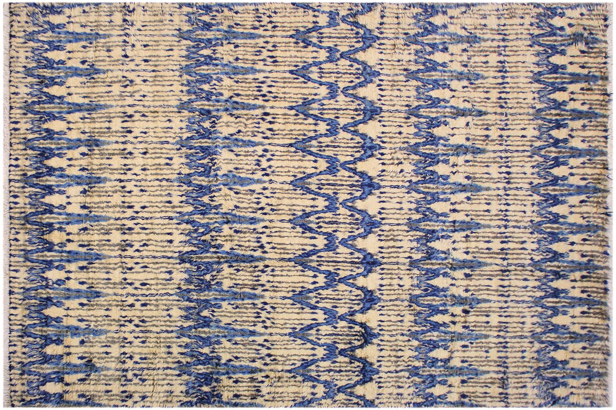 handmade Geometric Moroccan Ivory Blue Hand Knotted RECTANGLE 100% WOOL area rug 9' x 12'