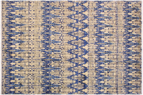 handmade Geometric Moroccan Ivory Blue Hand Knotted RECTANGLE 100% WOOL area rug 9' x 12'