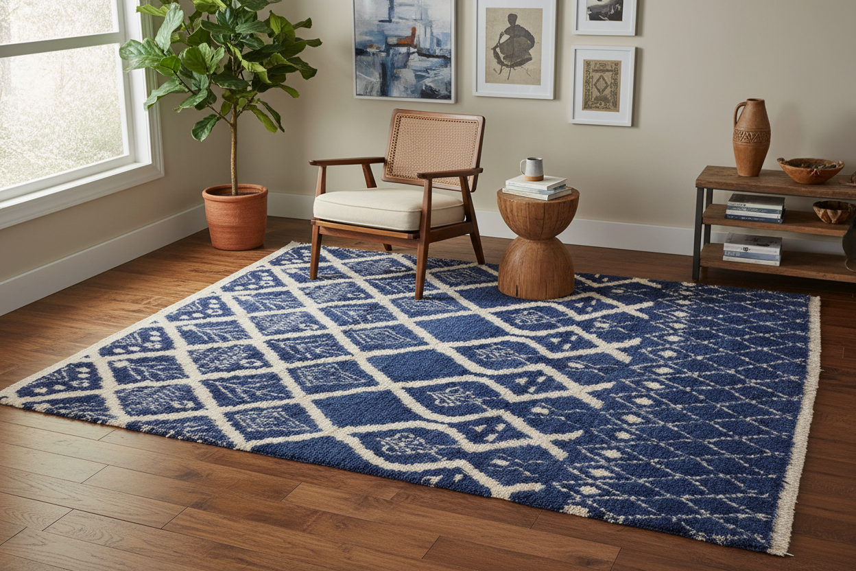 handmade Geometric Moroccan Blue Ivory Hand Knotted RECTANGLE 100% WOOL area rug 8' x 10'