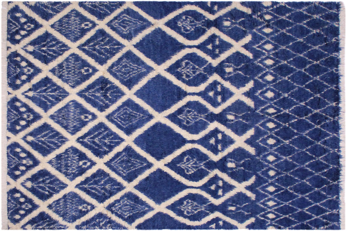 handmade Geometric Moroccan Blue Ivory Hand Knotted RECTANGLE 100% WOOL area rug 8' x 10'