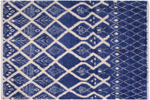 handmade Geometric Moroccan Blue Ivory Hand Knotted RECTANGLE 100% WOOL area rug 8' x 10'