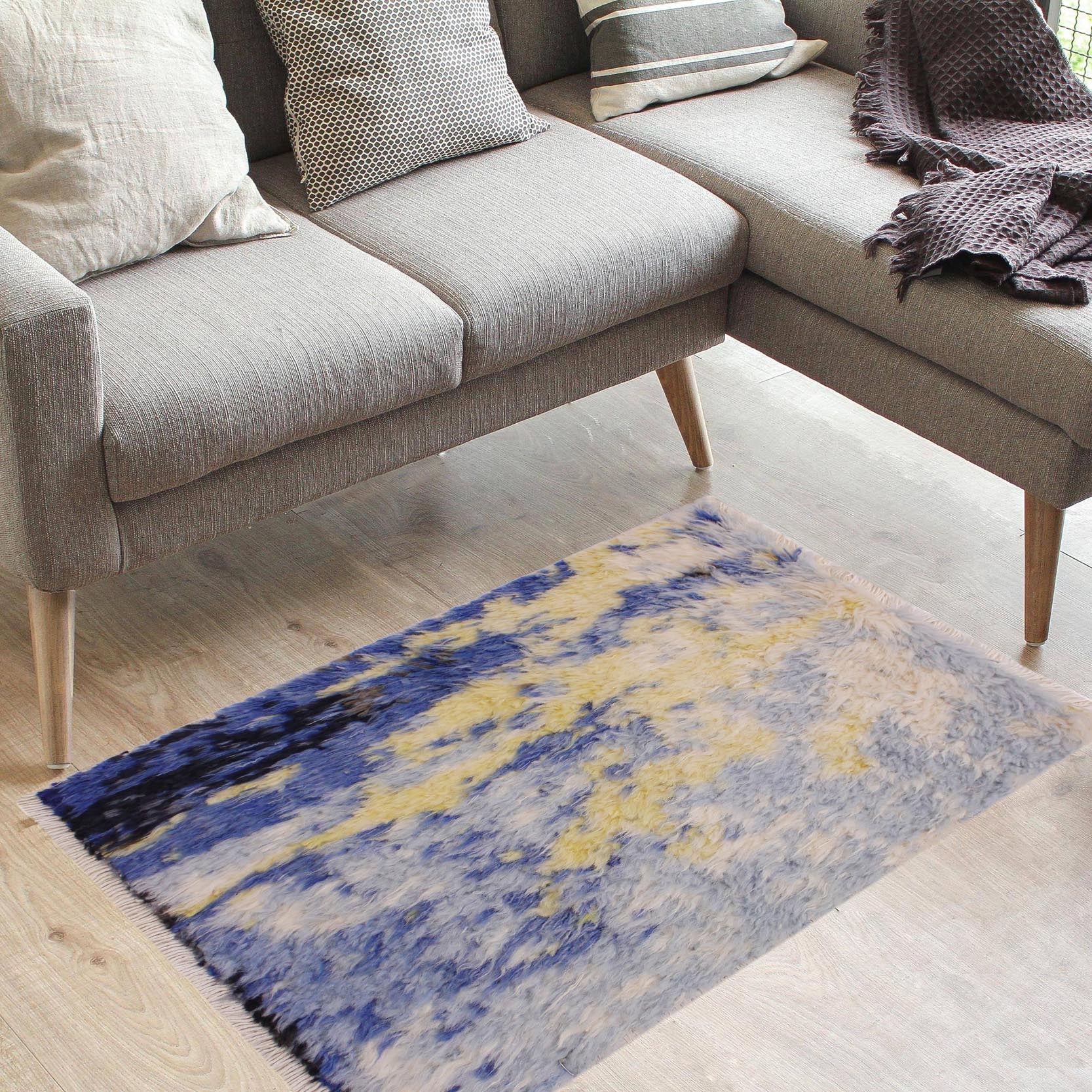 handmade Geometric Moroccan Blue Gray Hand Knotted RECTANGLE 100% WOOL area rug 2' x 3'