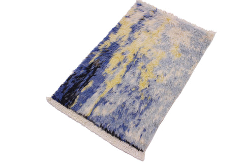 handmade Geometric Moroccan Blue Gray Hand Knotted RECTANGLE 100% WOOL area rug 2' x 3'