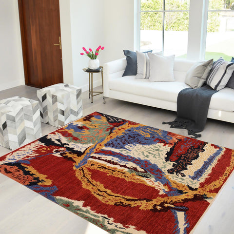 handmade Modern Kafkaz Red Ivory Hand Knotted RECTANGLE 100% WOOL area rug 8' x 10'