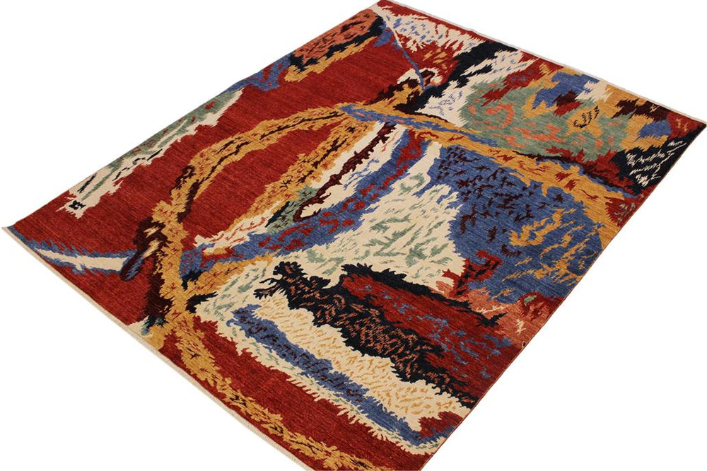 handmade Modern Kafkaz Red Ivory Hand Knotted RECTANGLE 100% WOOL area rug 8X10