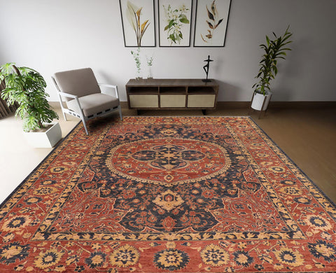 handmade Traditional Kafkaz Blue Rust Hand Knotted RECTANGLE 100% WOOL area rug 10' x 14'