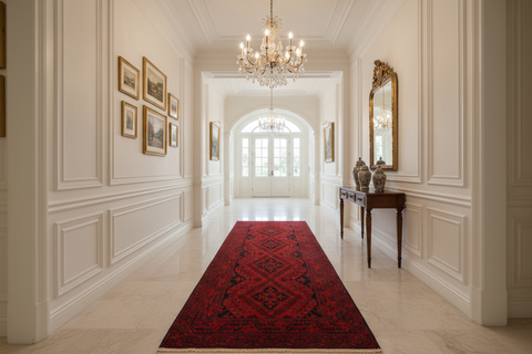 handmade Geometric Khal Muhamm Drk. Red Black Hand Knotted RUNNER 100% WOOL area rug 3' x 6'
