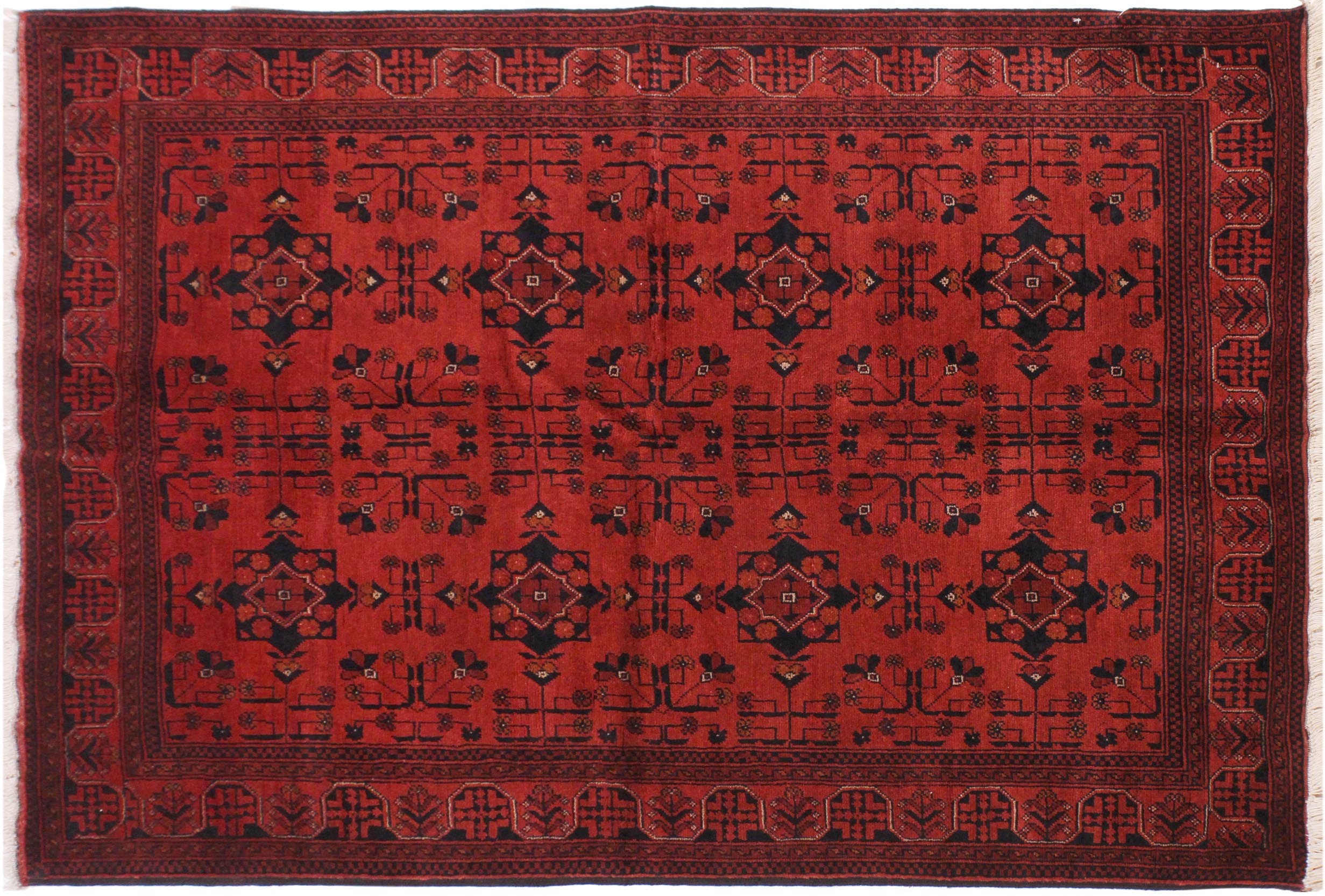 handmade Geometric Khal Muhamm Drk. Red Black Hand Knotted RECTANGLE 100% WOOL area rug 4' x 6'