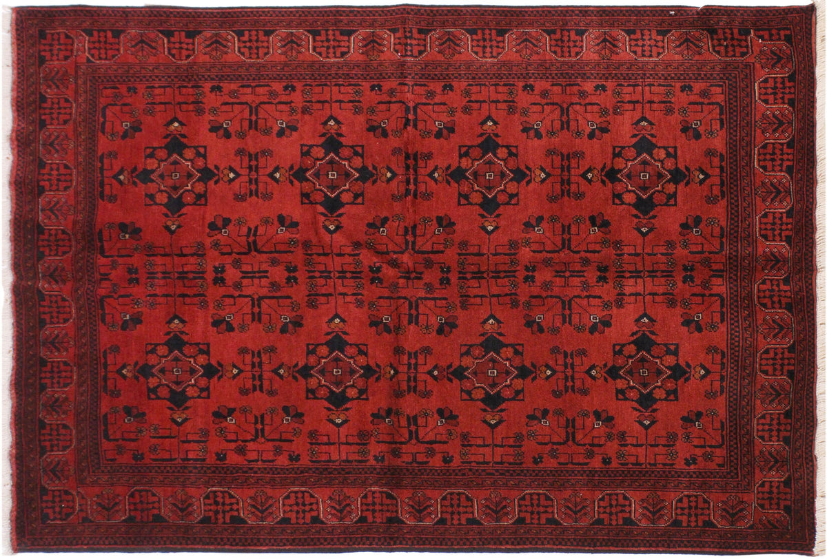 handmade Geometric Khal Muhamm Drk. Red Black Hand Knotted RECTANGLE 100% WOOL area rug 4' x 6'