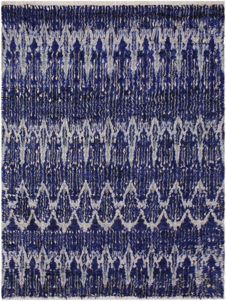 handmade Modern Moroccan Blue Ivory Hand Knotted RECTANGLE 100% WOOL area rug 8x10