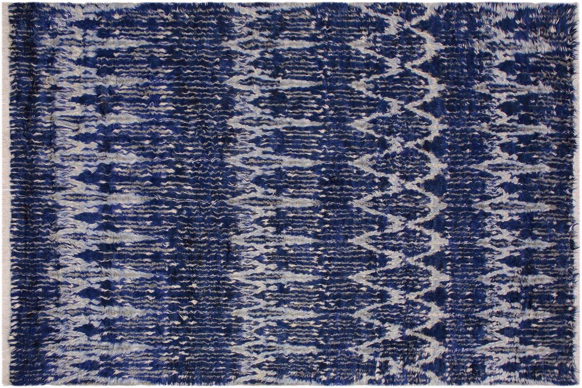 handmade Geometric Moroccan Blue Ivory Hand Knotted RECTANGLE 100% WOOL area rug 8' x 10'
