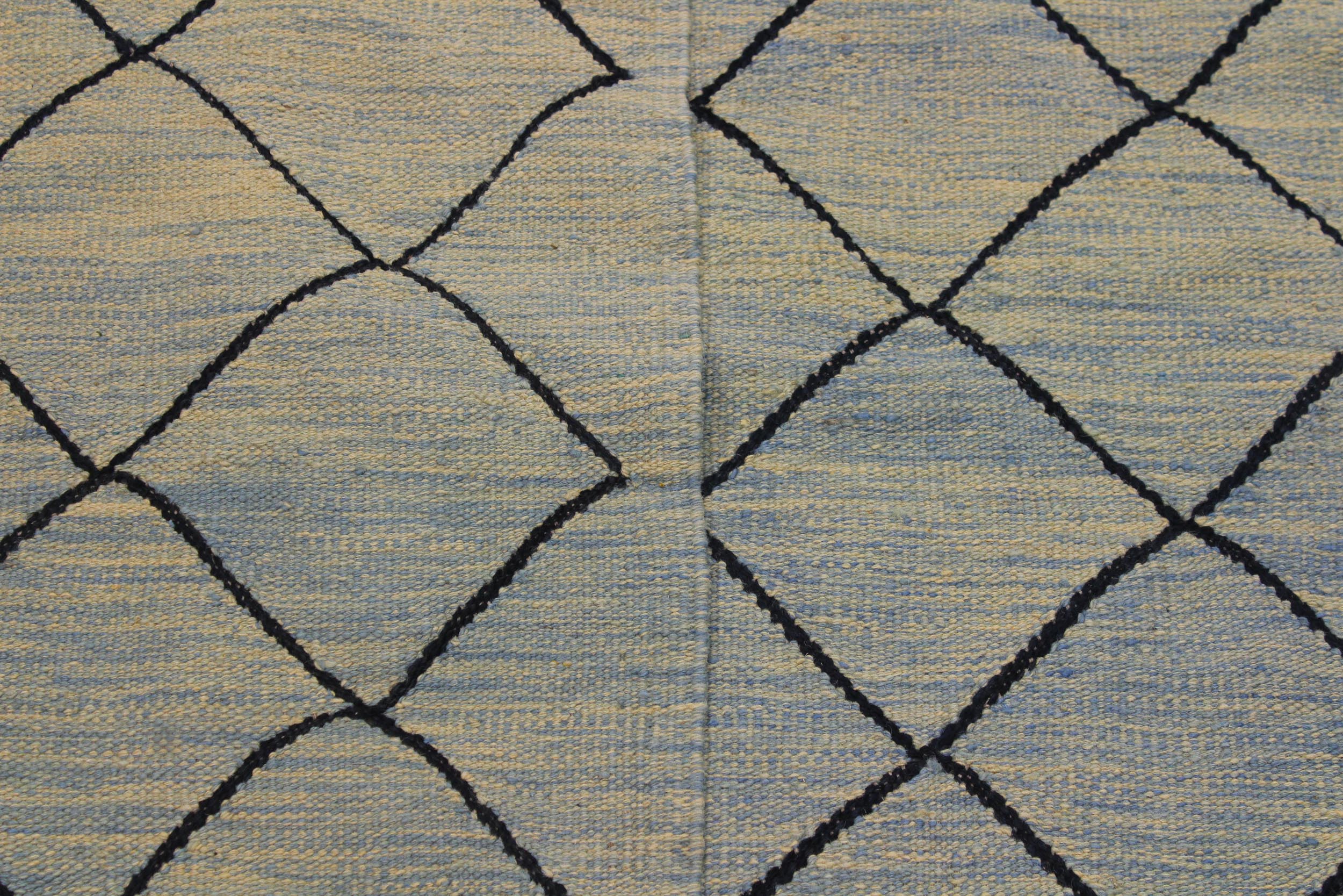 handmade Modern Kilim Lt. Blue Black Hand-Woven RECTANGLE 100% WOOL area rug 8 x 10