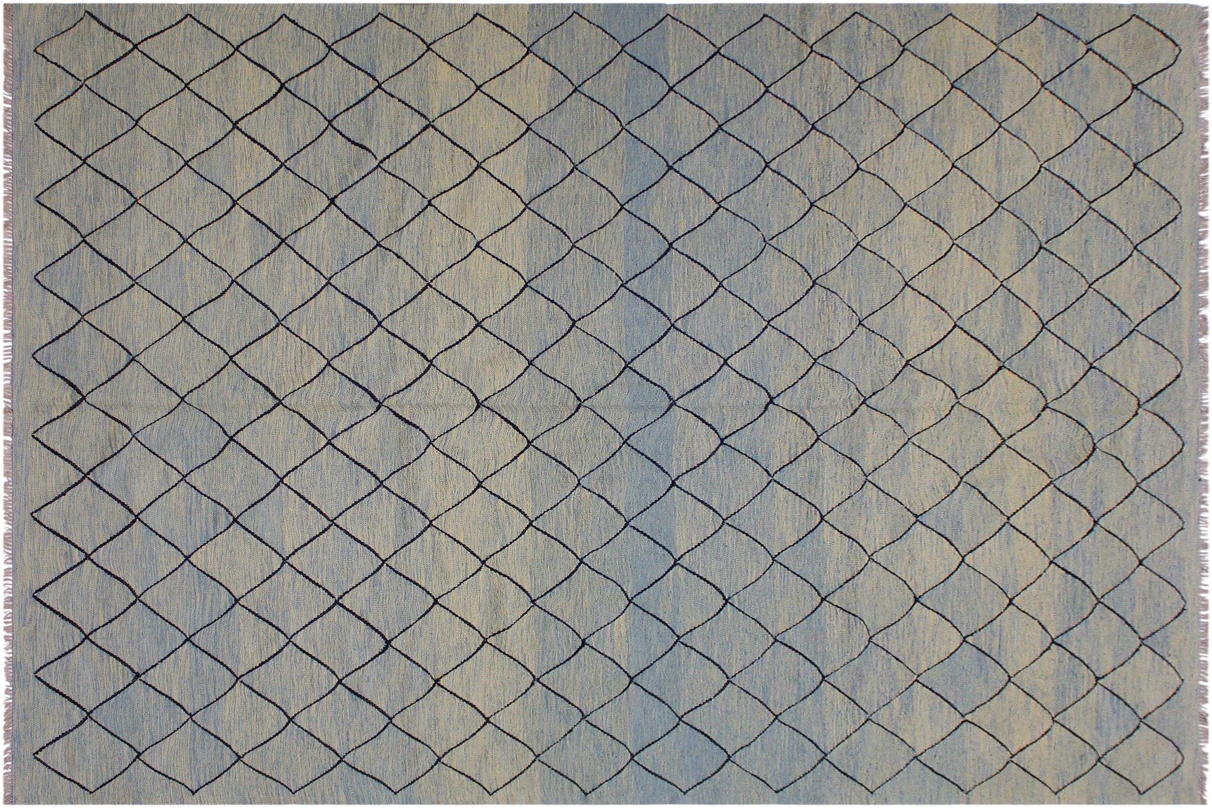 handmade Modern Kilim Lt. Blue Black Hand-Woven RECTANGLE 100% WOOL area rug 8 x 10