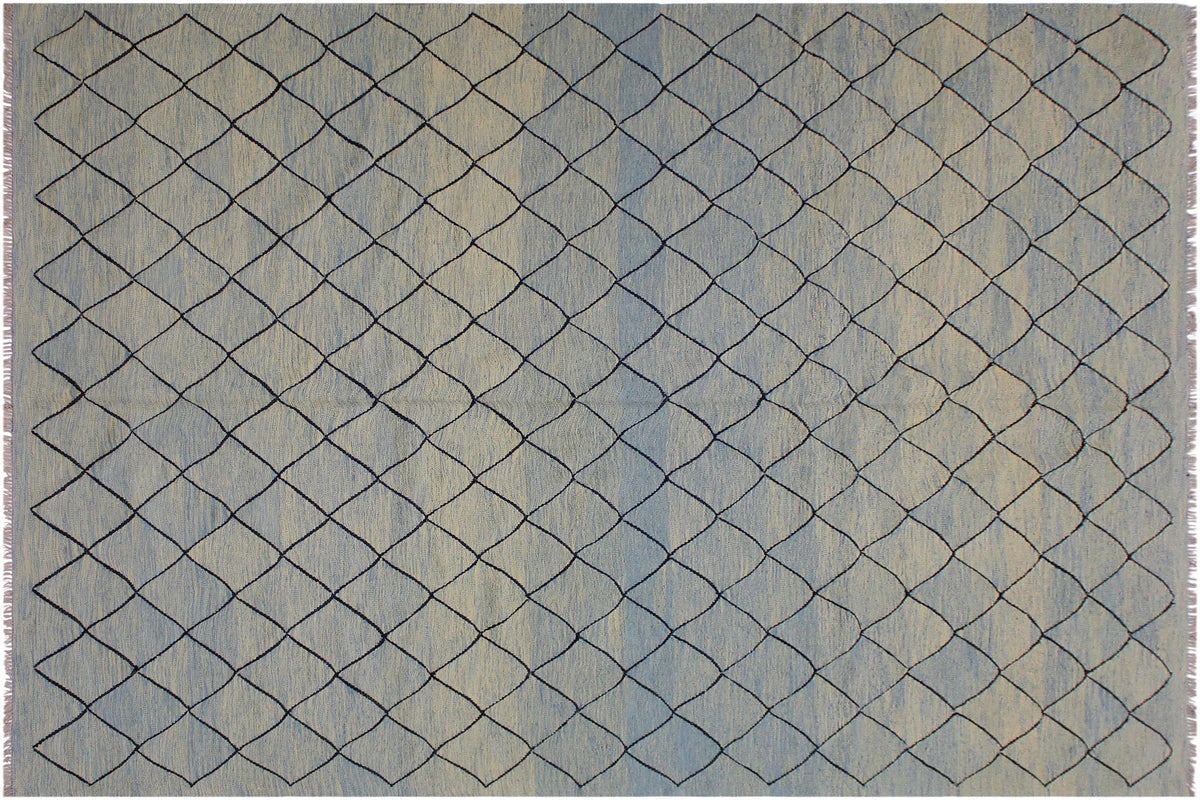 handmade Modern Kilim Lt. Blue Black Hand-Woven RECTANGLE 100% WOOL area rug 8 x 10