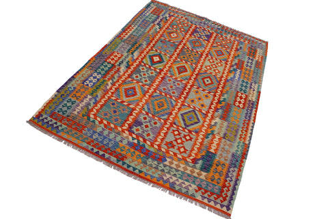 handmade Geometric Kilim Rust Blue Hand-Woven RECTANGLE 100% WOOL area rug 7 x 10