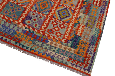 handmade Geometric Kilim Rust Blue Hand-Woven RECTANGLE 100% WOOL area rug 7 x 10